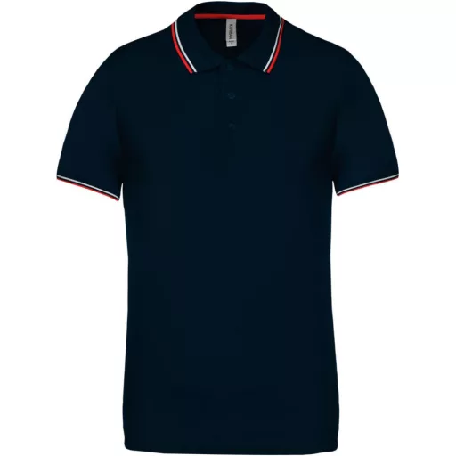 Férfi kontrasztcsíkos rövid ujjú galléros piké póló, Kariban KA250, Navy/Red/White-S