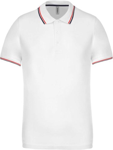 Férfi kontrasztcsíkos rövid ujjú galléros piké póló, Kariban KA250, White/Navy/Red-M