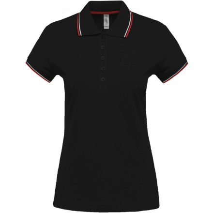 Női kontrasztcsíkos rövid ujjú galléros piké póló, Kariban KA251, Black/Red/White-XS