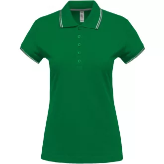  Női kontrasztcsíkos rövid ujjú galléros piké póló, Kariban KA251, Kelly Green/Light Grey/White-XS