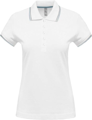 Női kontrasztcsíkos rövid ujjú galléros piké póló, Kariban KA251, White/Sky Blue/Light Grey-XS