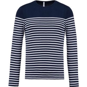   Férfi kereknyakú csíkos hosszú ujjú póló, Kariban KA366, Striped Navy/White-S