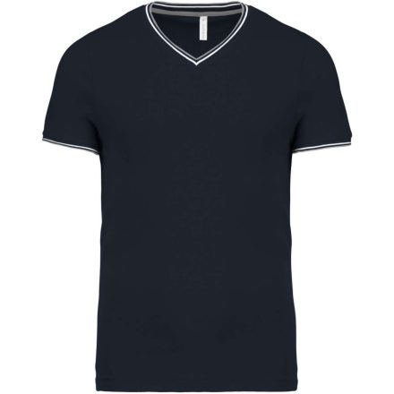 Férfi V-nyakú piké póló, kontrasztos szélekkel, Kariban KA374, Navy/Light Grey/White-XL
