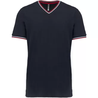   Férfi V-nyakú piké póló, kontrasztos szélekkel, Kariban KA374, Navy/Red/White-S