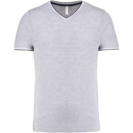Férfi V-nyakú piké póló, kontrasztos szélekkel, Kariban KA374, Oxford Grey/Navy/White-L