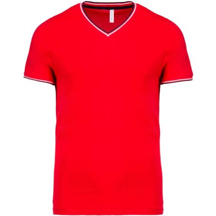 Férfi V-nyakú piké póló, kontrasztos szélekkel, Kariban KA374, Red/Navy/White-L