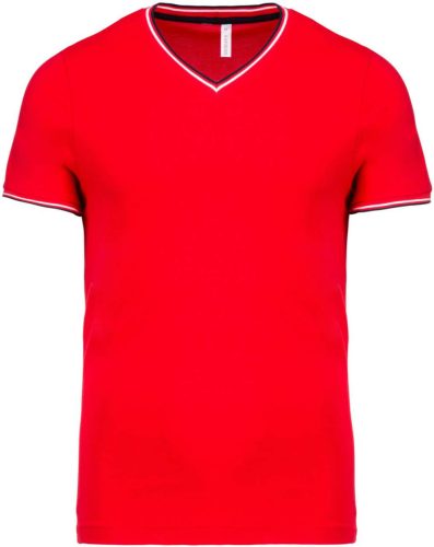 Férfi V-nyakú piké póló, kontrasztos szélekkel, Kariban KA374, Red/Navy/White-S