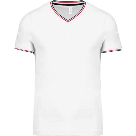 Férfi V-nyakú piké póló, kontrasztos szélekkel, Kariban KA374, White/Navy/Red-2XL