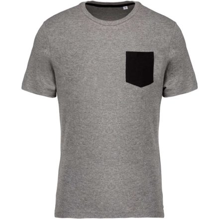 Férfi organikus környakas póló kontrasztos színű zsebbel, Kariban KA375, Grey Heather/Black-2XL