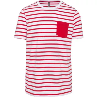   Férfi tengerész csíkos rövid ujjú póló mellzsebbel, Kariban KA378, Striped White/Red-S