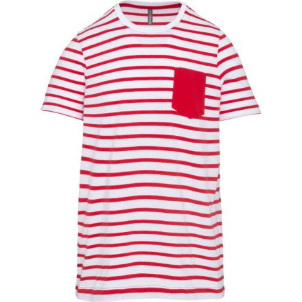 Gyermek matrózcsíkos pamut póló zsebbel, Kariban KA379, Striped White/Red-12/14