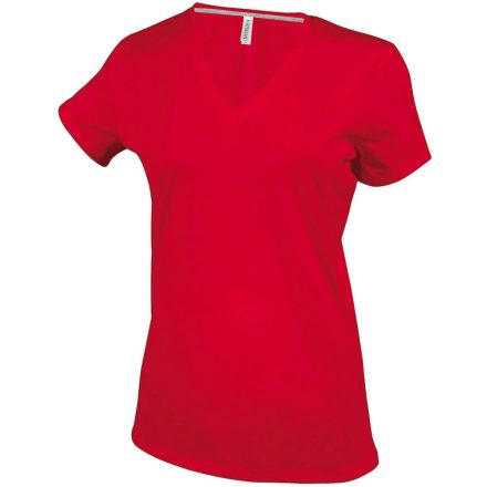 Női V-nyakú rövid ujjú pamut póló, Kariban KA381, Red-2XL