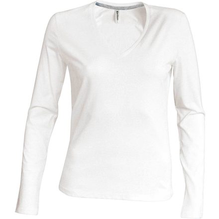 Női hosszú ujjú V-nyakú pamut póló, Kariban KA382, White-XL