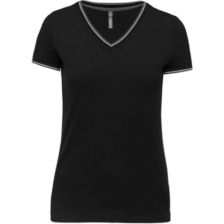Női V-nyakú piké póló, csíkos szélekkel, Kariban KA394, Black/Light Grey/White-S