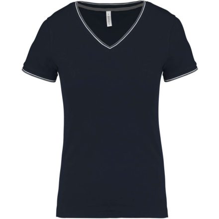 Női V-nyakú piké póló, csíkos szélekkel, Kariban KA394, Navy/Light Grey/White-L