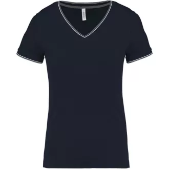   Női V-nyakú piké póló, csíkos szélekkel, Kariban KA394, Navy/Light Grey/White-XS