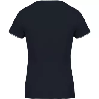   Női V-nyakú piké póló, csíkos szélekkel, Kariban KA394, Navy/Light Grey/White-XS