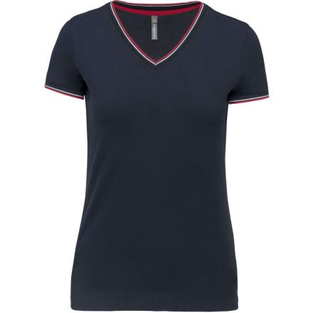 Női V-nyakú piké póló, csíkos szélekkel, Kariban KA394, Navy/Red/White-2XL