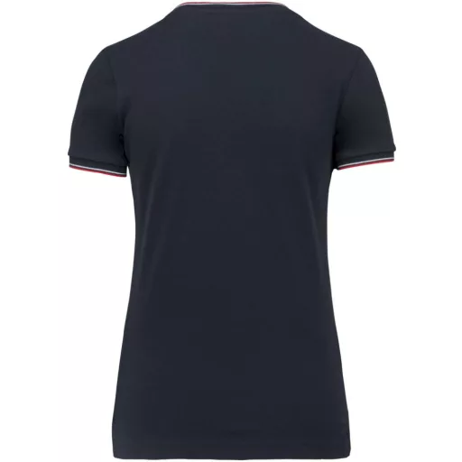 Női V-nyakú piké póló, csíkos szélekkel, Kariban KA394, Navy/Red/White-M