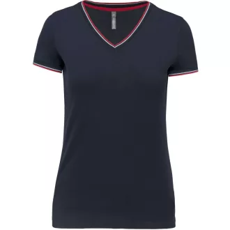   Női V-nyakú piké póló, csíkos szélekkel, Kariban KA394, Navy/Red/White-XS