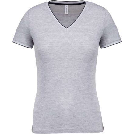 Női V-nyakú piké póló, csíkos szélekkel, Kariban KA394, Oxford Grey/Navy/White-2XL