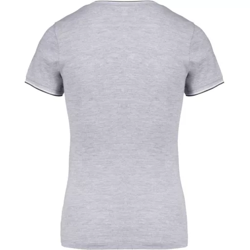 Női V-nyakú piké póló, csíkos szélekkel, Kariban KA394, Oxford Grey/Navy/White-2XL