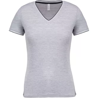   Női V-nyakú piké póló, csíkos szélekkel, Kariban KA394, Oxford Grey/Navy/White-XS