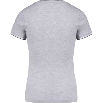   Női V-nyakú piké póló, csíkos szélekkel, Kariban KA394, Oxford Grey/Navy/White-XS