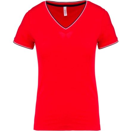 Női V-nyakú piké póló, csíkos szélekkel, Kariban KA394, Red/Navy/White-2XL