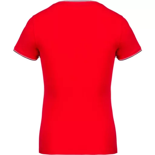 Női V-nyakú piké póló, csíkos szélekkel, Kariban KA394, Red/Navy/White-XS