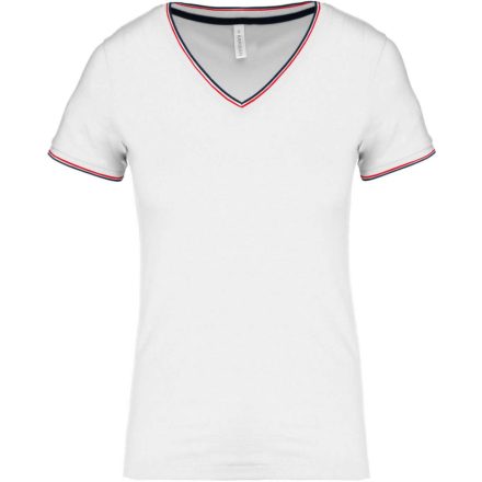 Női V-nyakú piké póló, csíkos szélekkel, Kariban KA394, White/Navy/Red-2XL