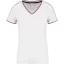 Női V-nyakú piké póló, csíkos szélekkel, Kariban KA394, White/Navy/Red-2XL