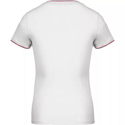 Női V-nyakú piké póló, csíkos szélekkel, Kariban KA394, White/Navy/Red-S