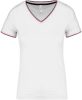 Női V-nyakú piké póló, csíkos szélekkel, Kariban KA394, White/Navy/Red-XL