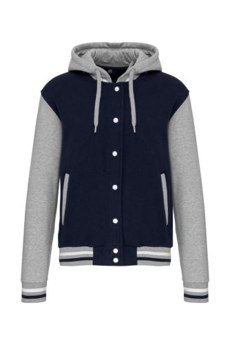 Uniszex  kapucnis patentos vastag pulóver, Kariban KA4003, Navy/Oxford Grey/White-3XL