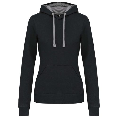 Női pulóver kontrasztos bélésű kapucnival, Kariban KA465, Black/Fine Grey-S