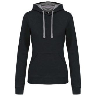   Női pulóver kontrasztos bélésű kapucnival, Kariban KA465, Black/Fine Grey-XS