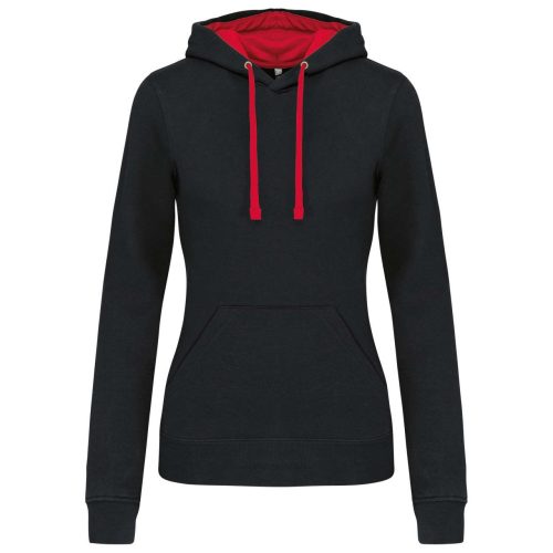 Női pulóver kontrasztos bélésű kapucnival, Kariban KA465, Black/Red-S