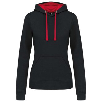   Női pulóver kontrasztos bélésű kapucnival, Kariban KA465, Black/Red-XS