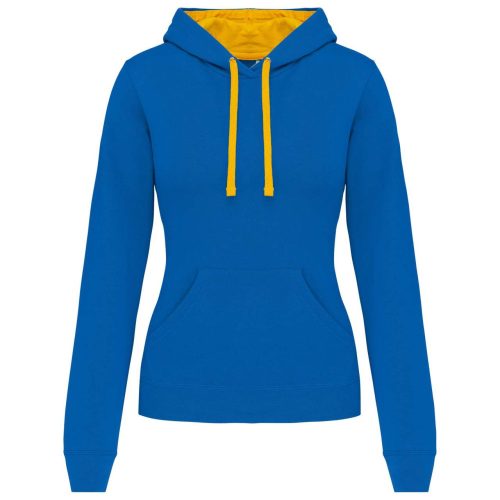 Női pulóver kontrasztos bélésű kapucnival, Kariban KA465, Light Royal Blue/Yellow-XS