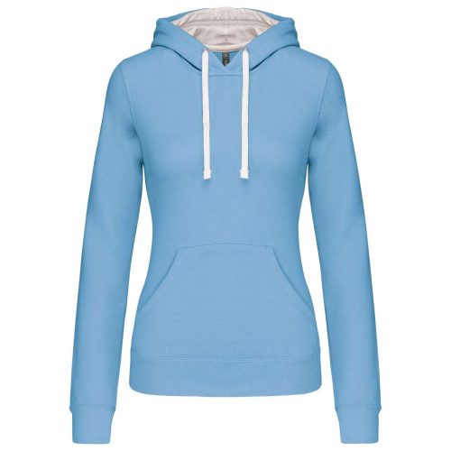 Női pulóver kontrasztos bélésű kapucnival, Kariban KA465, Sky Blue/White-S