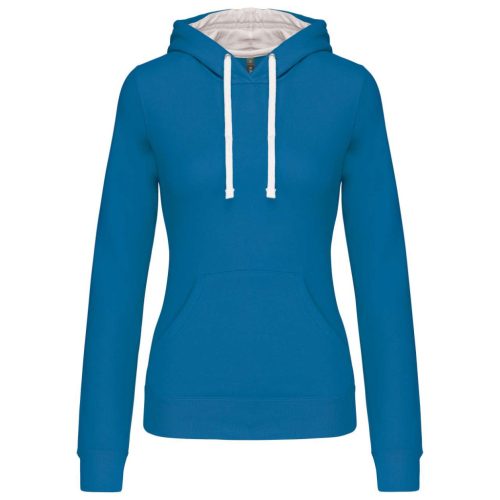 Női pulóver kontrasztos bélésű kapucnival, Kariban KA465, Tropical Blue/White-M