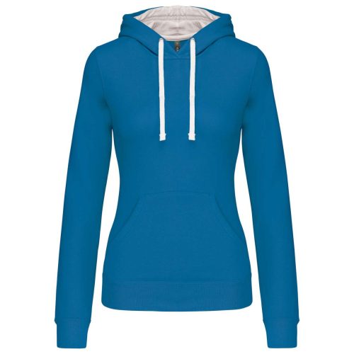 Női pulóver kontrasztos bélésű kapucnival, Kariban KA465, Tropical Blue/White-XS