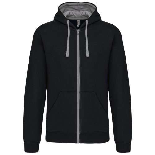 Férfi cipzáras pulóver kontrasztos bélésű kapucnival, Kariban KA466, Black/Fine Grey-S
