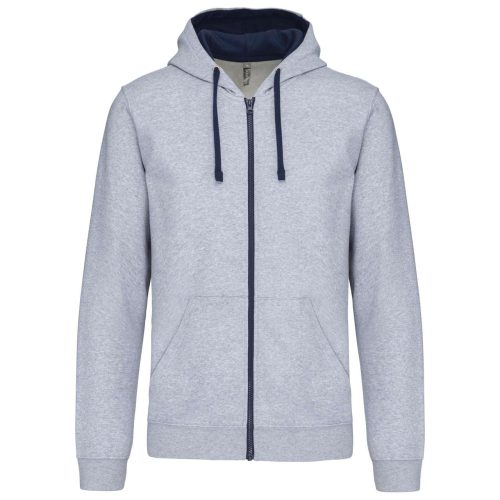 Férfi cipzáras pulóver kontrasztos bélésű kapucnival, Kariban KA466, Oxford Grey/Navy-S
