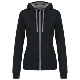   Női cipzáras pulóver kontrasztos bélésű kapucnival, Kariban KA467, Black/Fine Grey-XS