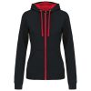Női cipzáras pulóver kontrasztos bélésű kapucnival, Kariban KA467, Black/Red-XS
