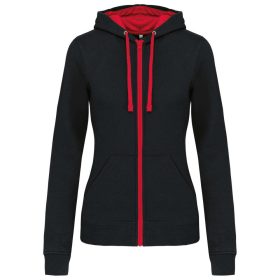   Női cipzáras pulóver kontrasztos bélésű kapucnival, Kariban KA467, Black/Red-XS