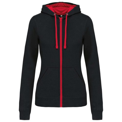 Női cipzáras pulóver kontrasztos bélésű kapucnival, Kariban KA467, Black/Red-XS
