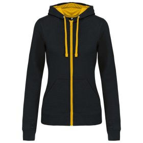   Női cipzáras pulóver kontrasztos bélésű kapucnival, Kariban KA467, Black/Yellow-XS